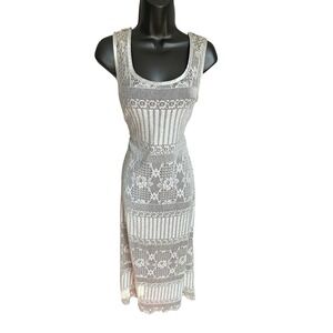 Dreamy Boho Crochet Maxi Dress Sleeveless Vintage Silver Grey USA Made Size 12